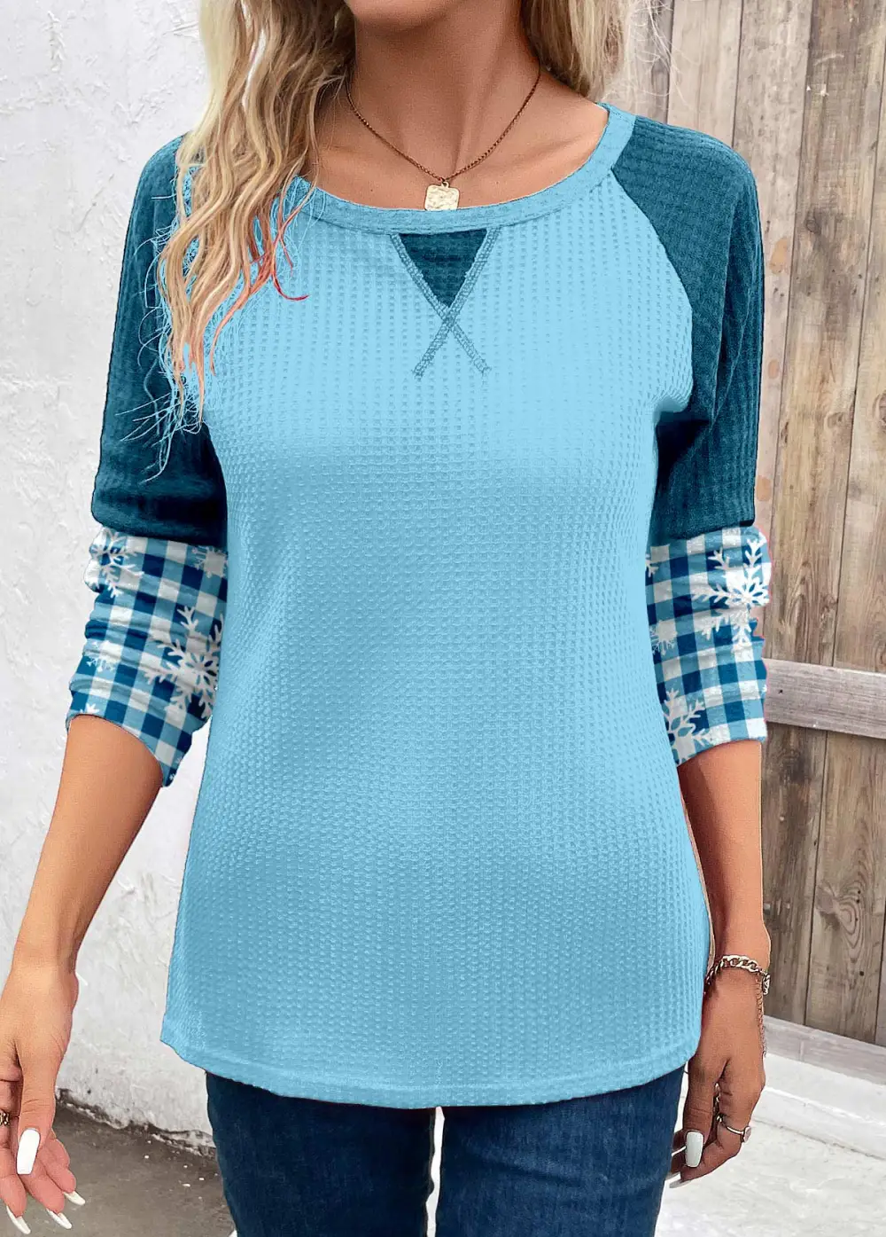 Sky Blue Patchwork Plaid Long Sleeve T Shirt