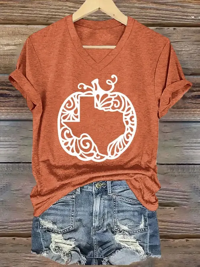 V-Neck Retro Texas Strong Fall Pumpkins Print T-Shirt