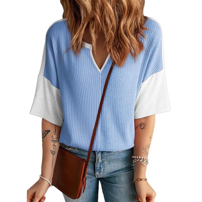 Women's Colorblock Waffle Knit Tops – 2025 Summer Fashion Half Sleeve V-Neck Casual Blouses
