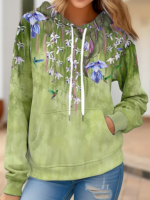 Women's Hoodie Sweatshirt Pullover Vintage Basic Front Pocket Yellow Red Blue Floral Street Casual Hoodie Long Sleeve Top Micro-elastic Fall & Winter