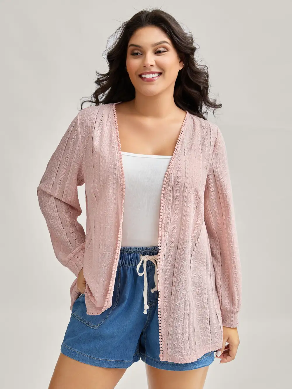 Textured Lace Trim Sheer Kimono Cardigan