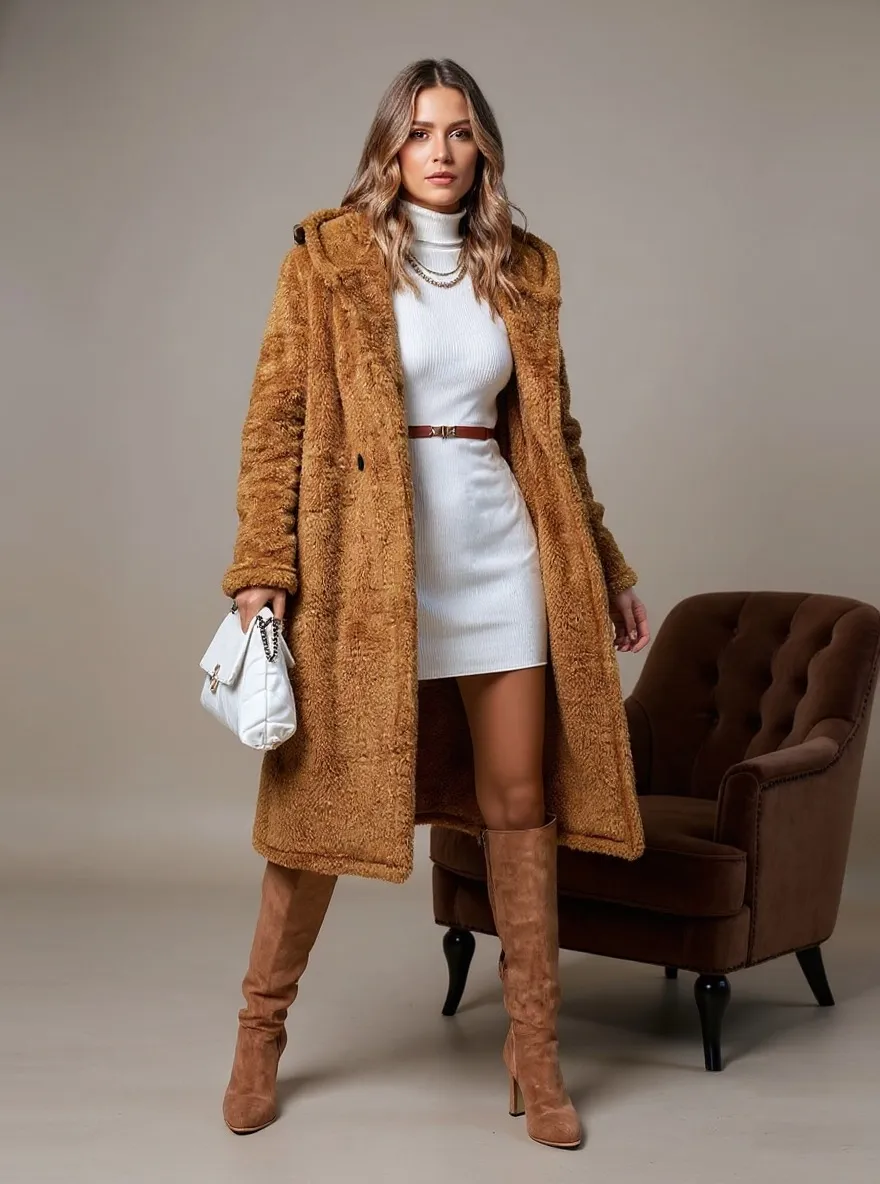 Women's Brown Teddy Fleece Hooded Long Coat