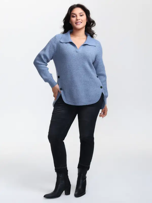 Polo Collar Side Buttons Curvy Pullover