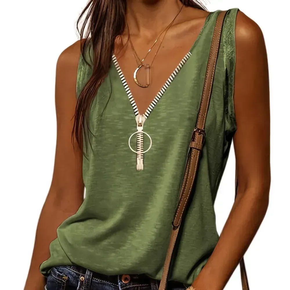 Casual V-neck Zipper Cami Top, Solid Fashion Sleeveless Loose Summer Fit Tank Top, Women's Clothing
