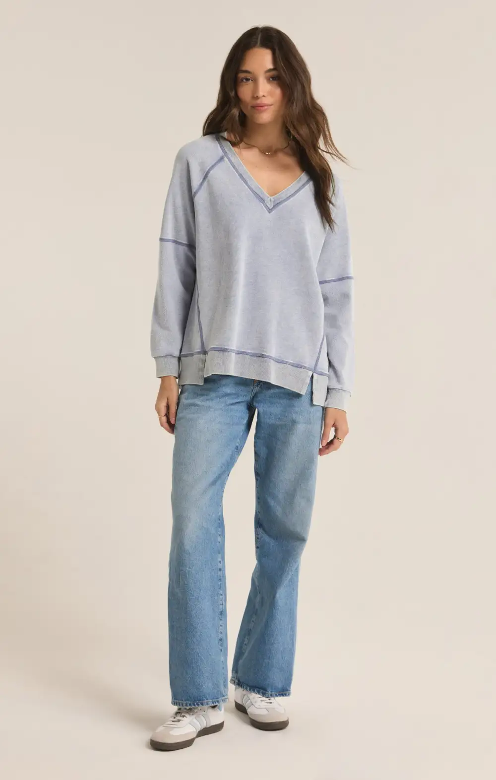 Easy V-Neck Knit Denim Sweatshirt