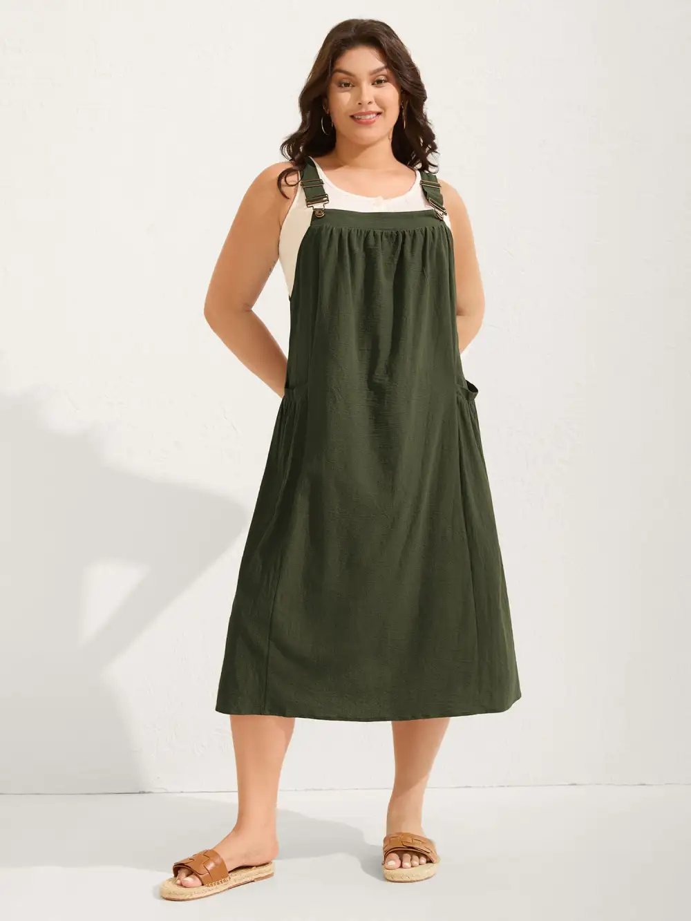 Pure Cotton Pleated Pockets Midi Dress