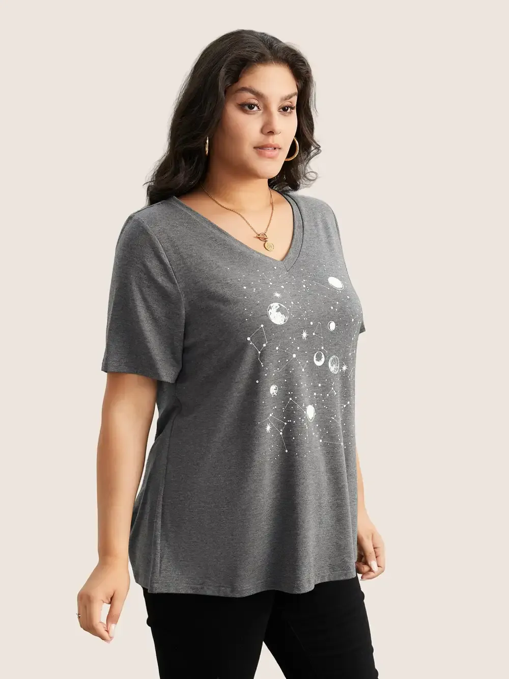 Moon And Star Print V Neck T-Shirt