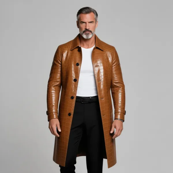 Men's Brown Shirt Collar Long Sleeve Button Crocodile Pattern PU Leather Trench Coat