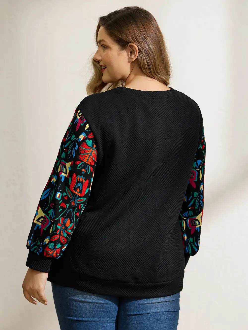 Floral Sleeve Drop Shoulder Textured Sweatshirt