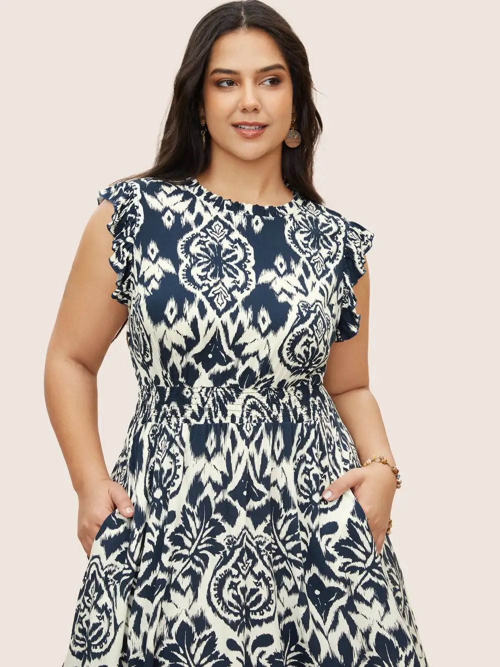 Boho Print Mock Neck Shirred Ruffle Cap Sleeve Dress