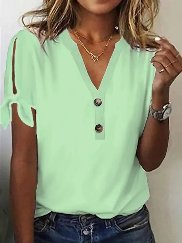 Women's T shirt Tee Modal Plain Casual Daily White Pink Blue Button Cut Out Short Sleeve Fashion Basic V Neck Regular Fit Summer Spring