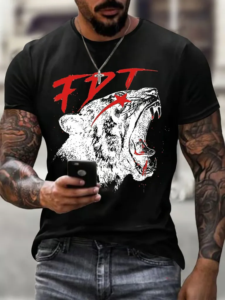 Men'S T-Shirt Men'S Vintage FDT Printed Casual Crew Collar T-Shirt Pure Cotton Short Sleeves