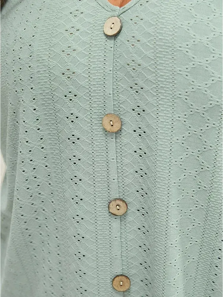 Plain Broderie Anglaise Shirred Puff Sleeve Button Detail T-shirt