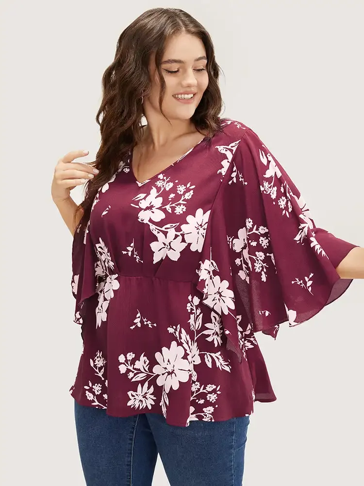 Floral Printed Plicated Detail Flutter Sleeve Blouse