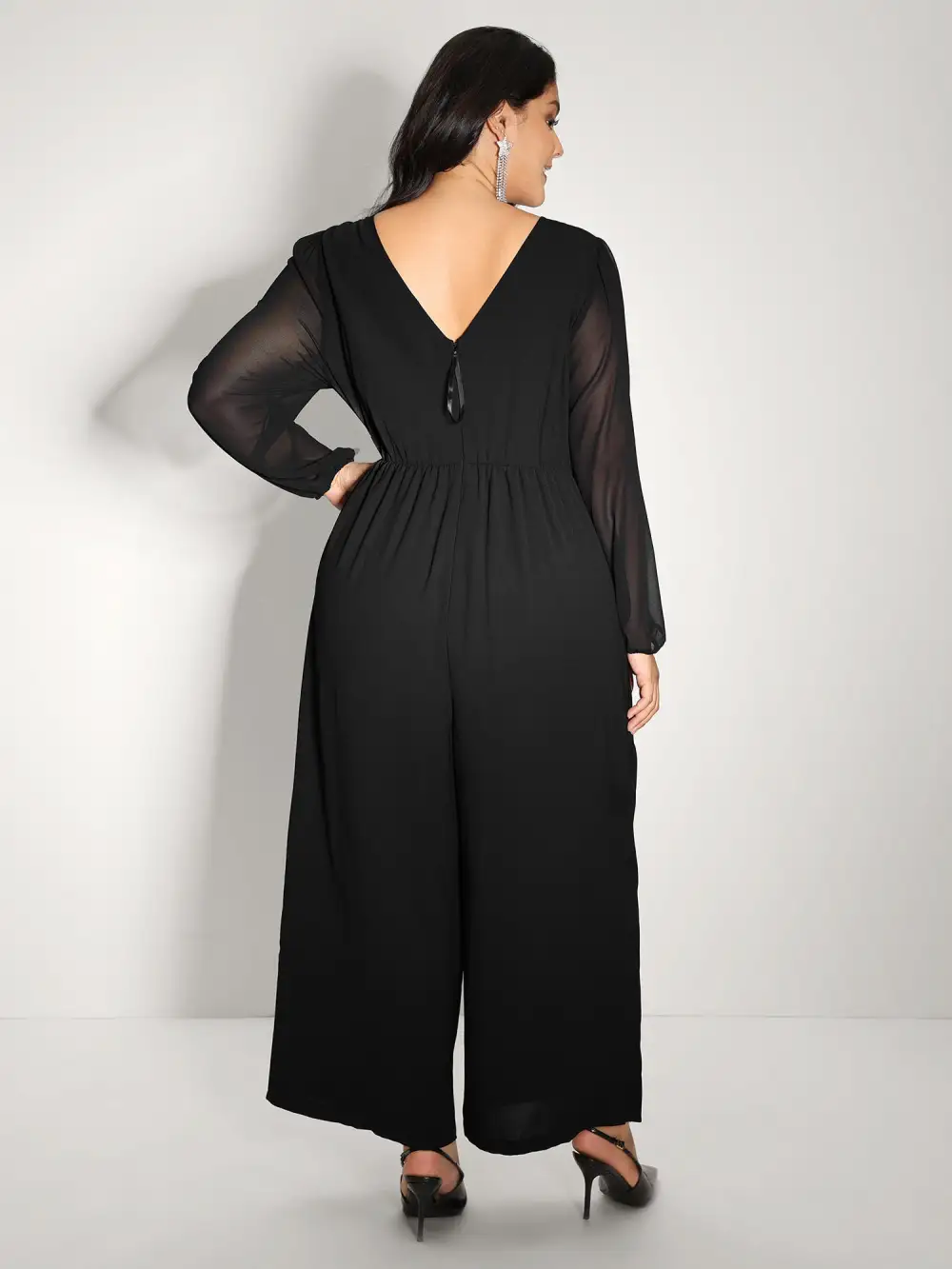 Sequin Neckline Petal Flowy Hem Jumpsuit