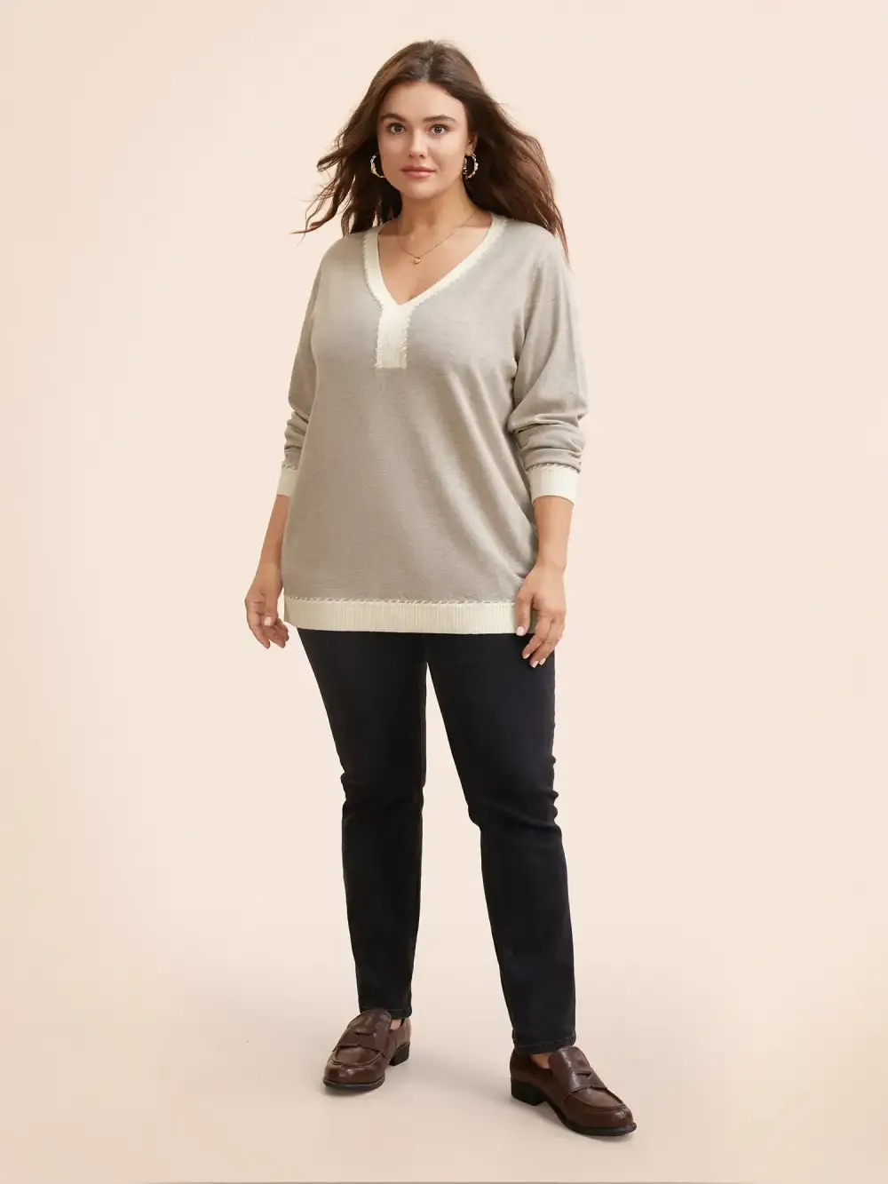 Supersoft Essentials V Neck Contrast Crochet Pullover