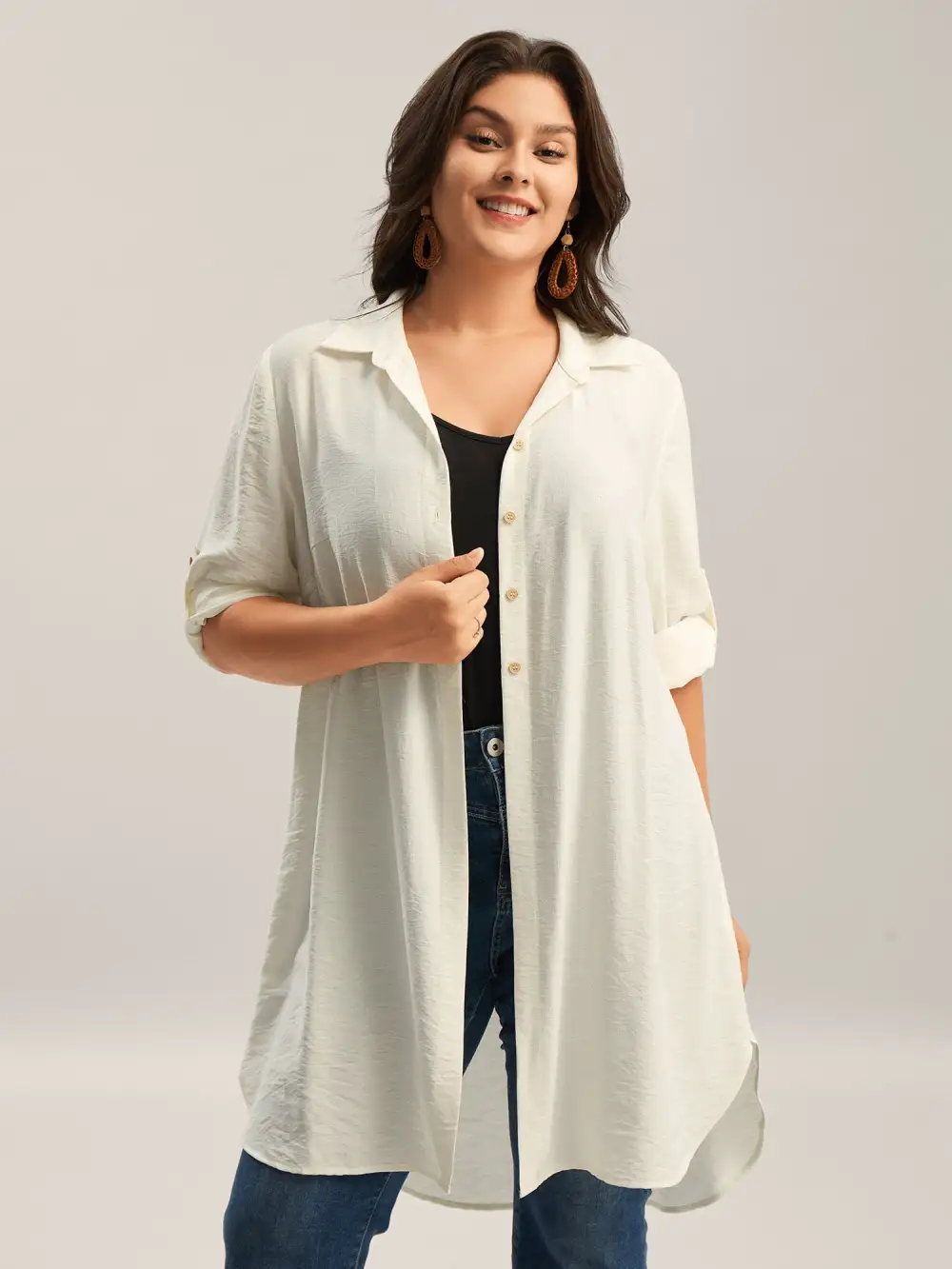 Front-Open Long Basic Blouse