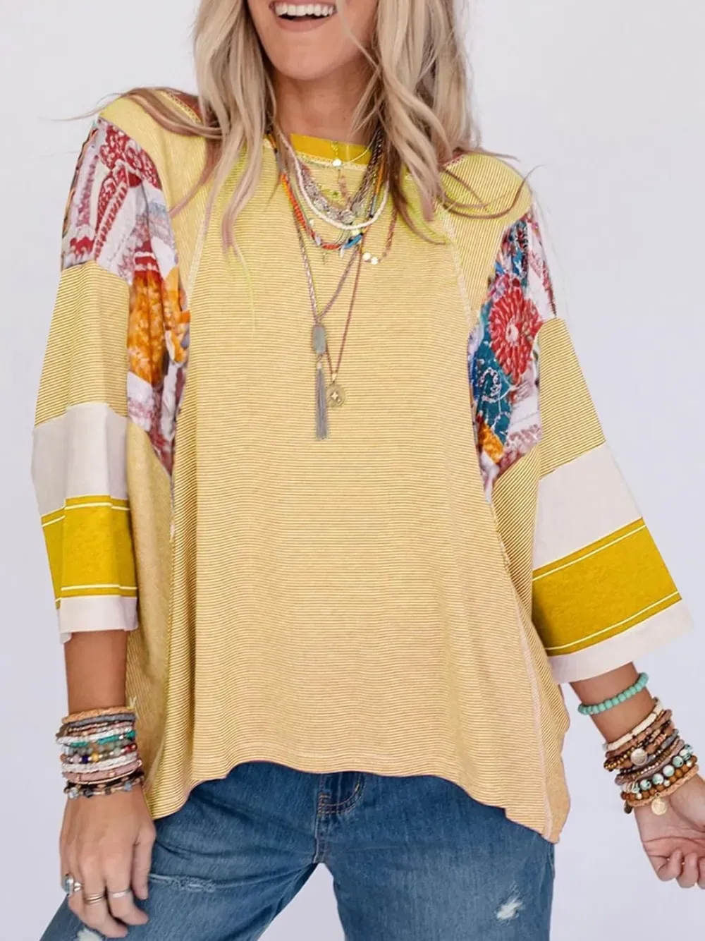 ✨Women's Casual Striped Floral Print Patchwork Oversized 3/4 Sleeve Top