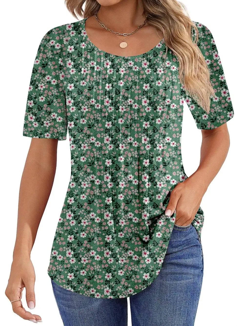 📣Women Summer Pleated Short Sleeve Tunic Blouses Tops