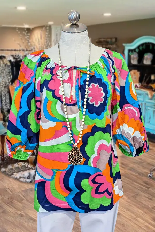 Vintage Print Lantern Sleeve Tied Top