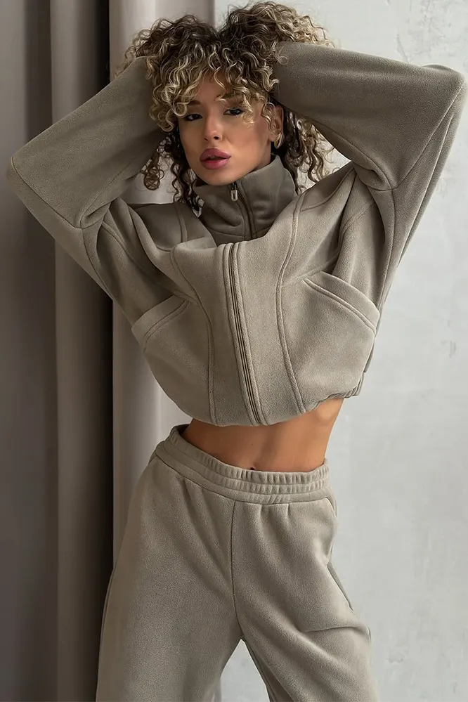 Women's Solid Color Zipper Jacket & Pants Two Piece Set