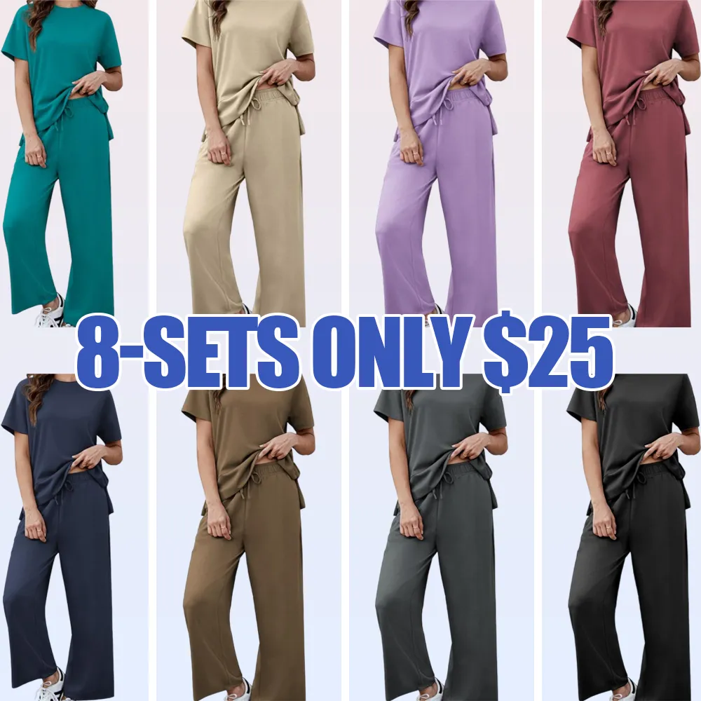 2 Piece Tracksuit for Womenswear Soft Short Sleeve Outdoor Wide Adjustable Leg Pockets Pants Lounge Matching Travel