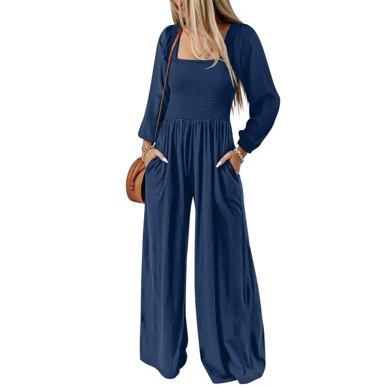 Women's Casual Loose Long Sleeve Wide Leg Jumpsuit with Pockets