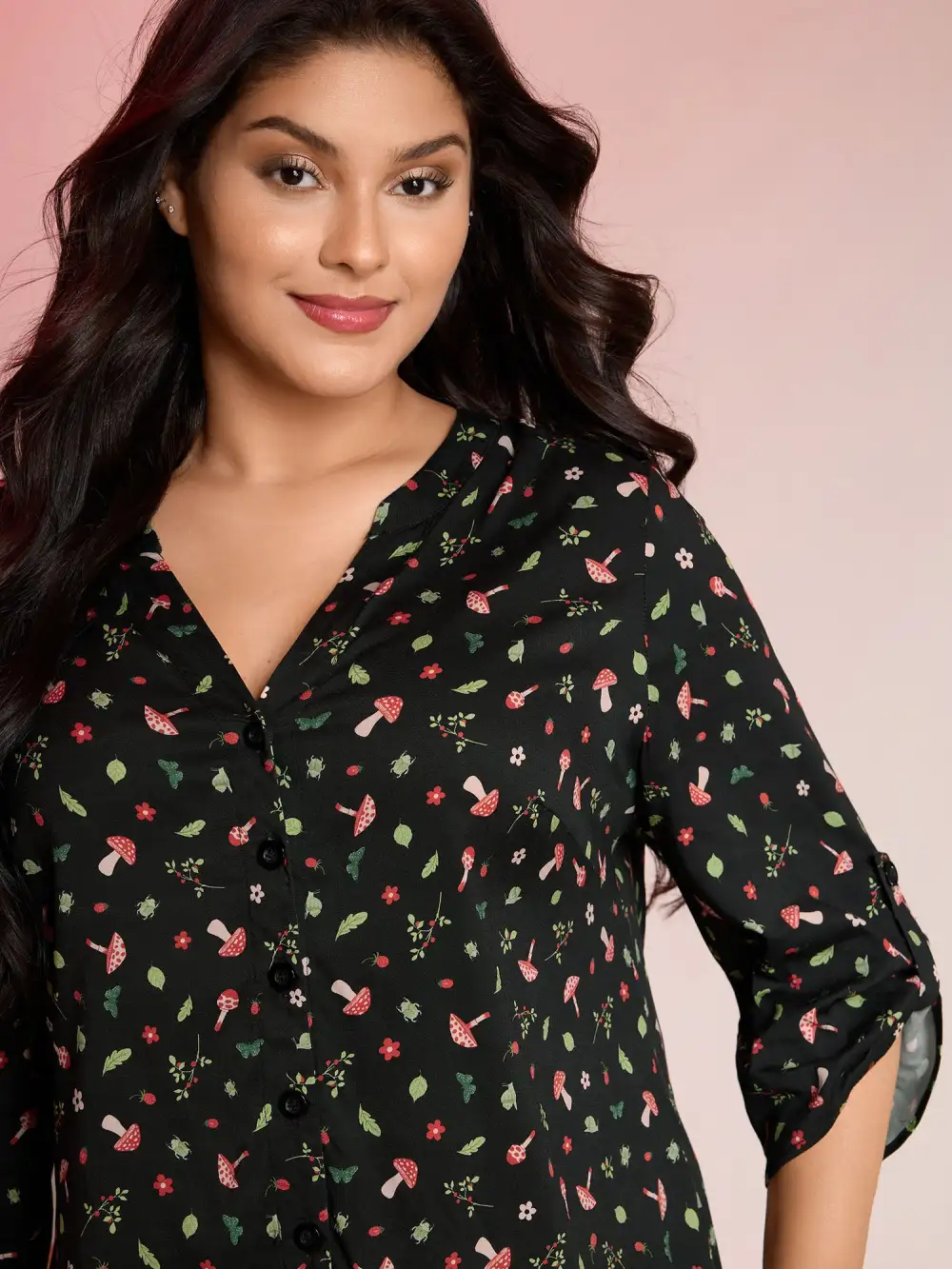 Mushroom Print Adjustable Sleeve Placket Blouse