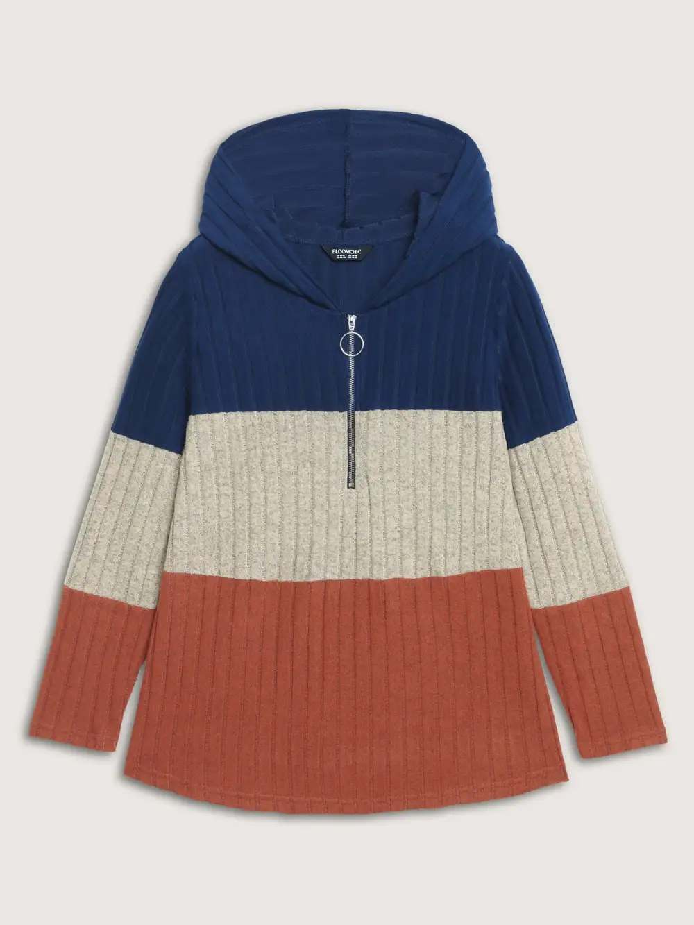 Color Block Half Zipper Ribbed Hoodie