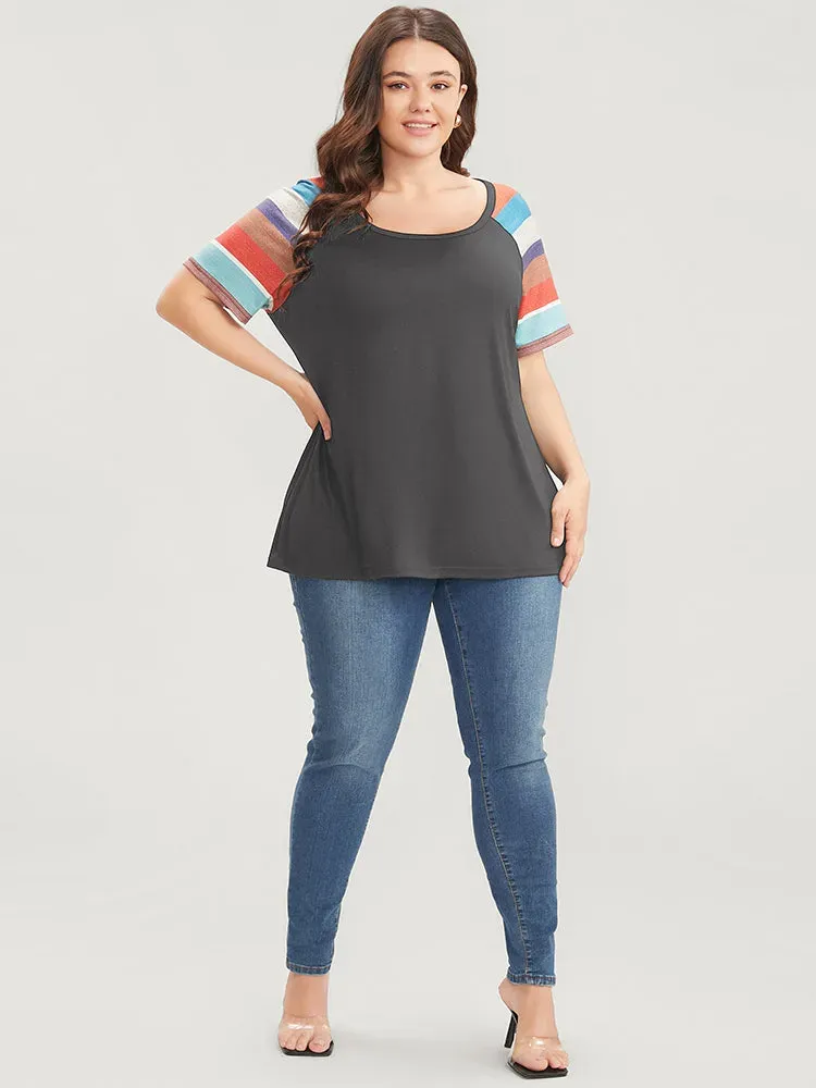 Striped Contrast Raglan Sleeve Round Neck T-shirt