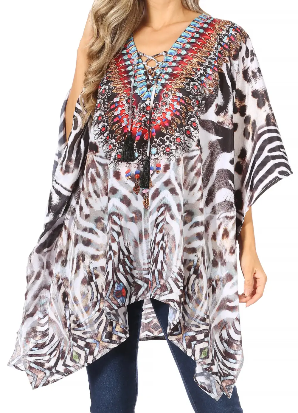 Women's Caftan Poncho Cover up V neck Top Lace up With Rhinestone