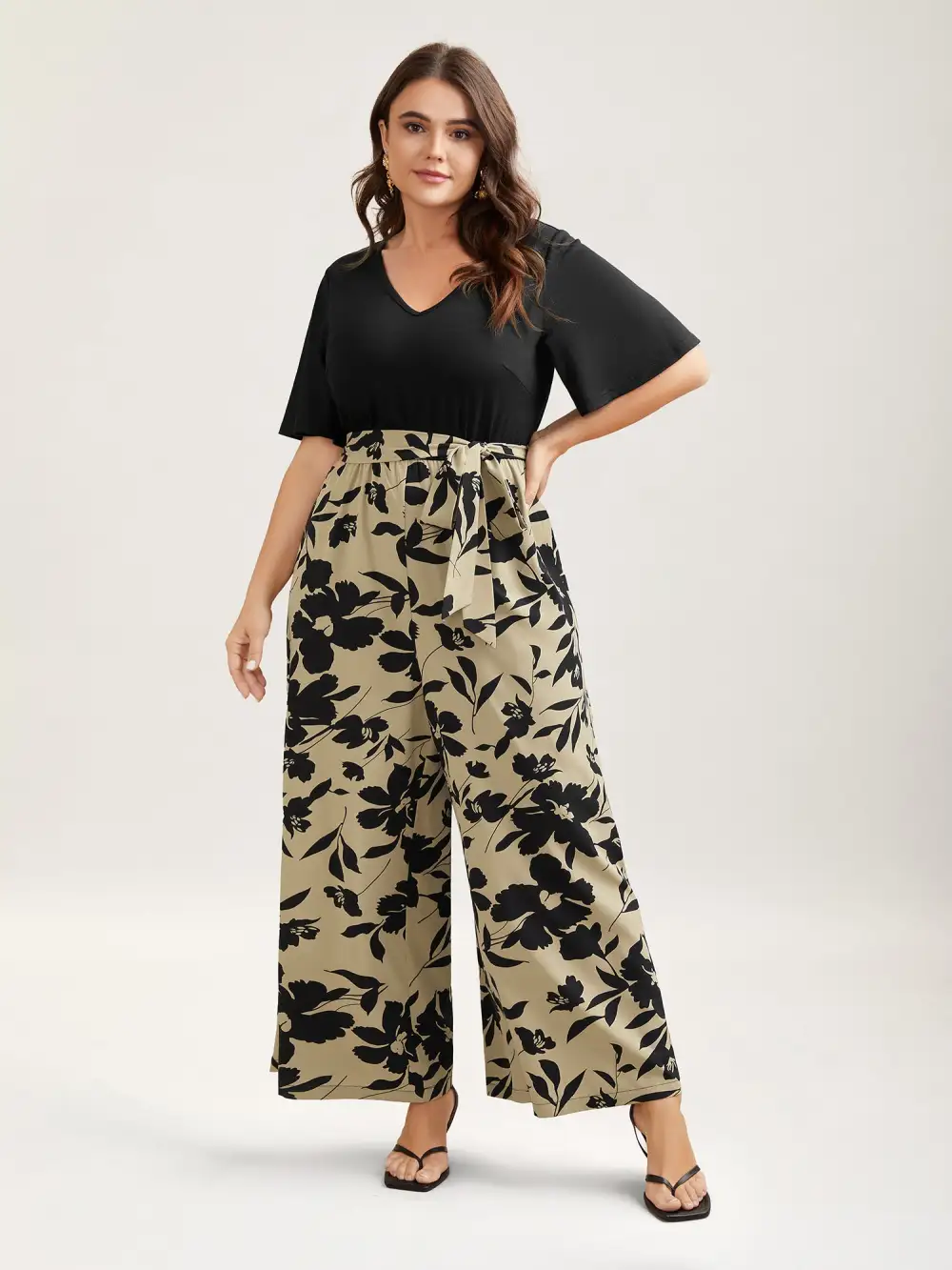 Floral Print Spliced Belted Wide-Leg Jumpsuit