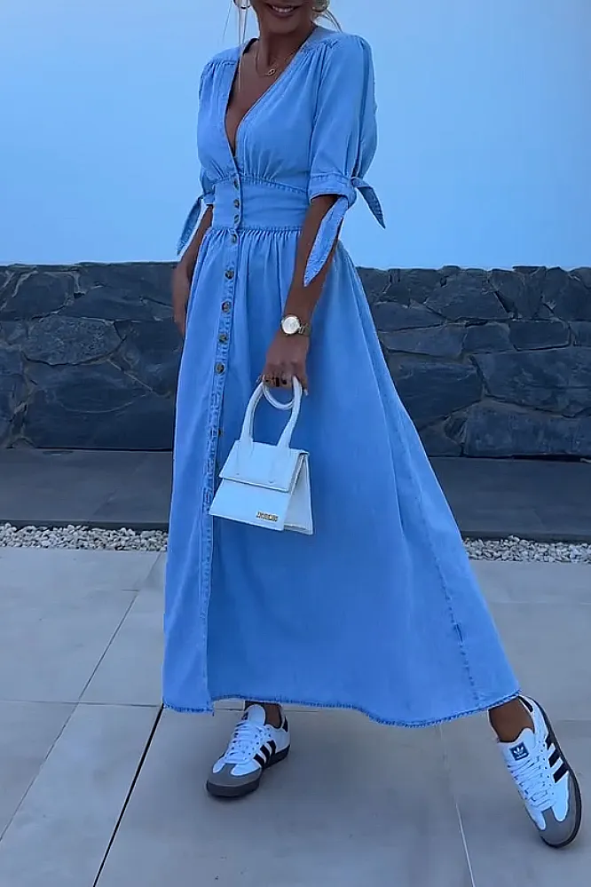 V-neck denim casual dress