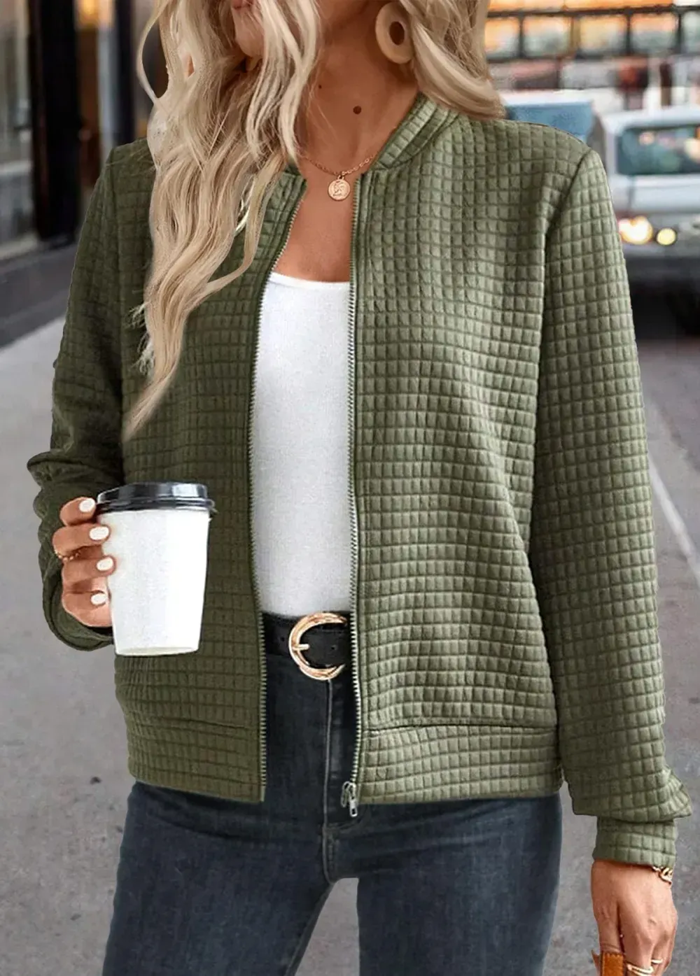 Olive Green Jacquard Long Sleeve Stand Collar Jacket