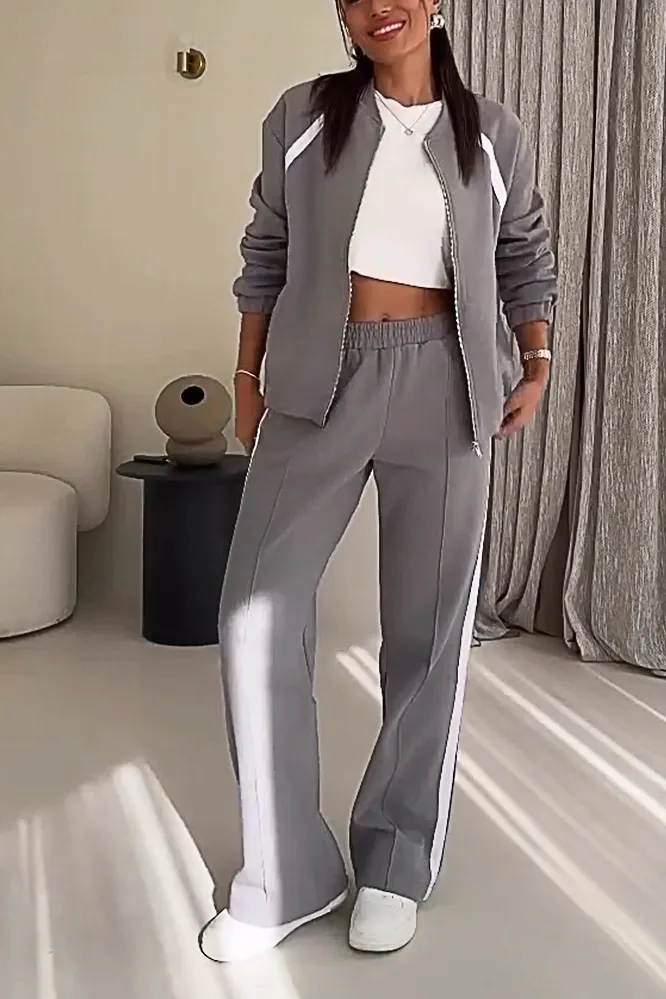 Women's contrast color zipper cardigan jacket & pants two-piece set