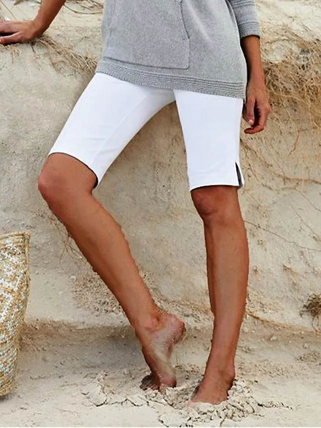 Women's Capri shorts Burmuda Shorts Cropped Pants Plain Split Knee Length Stretchy Mid Waist Fashion Casual Street Vacation Black White S M