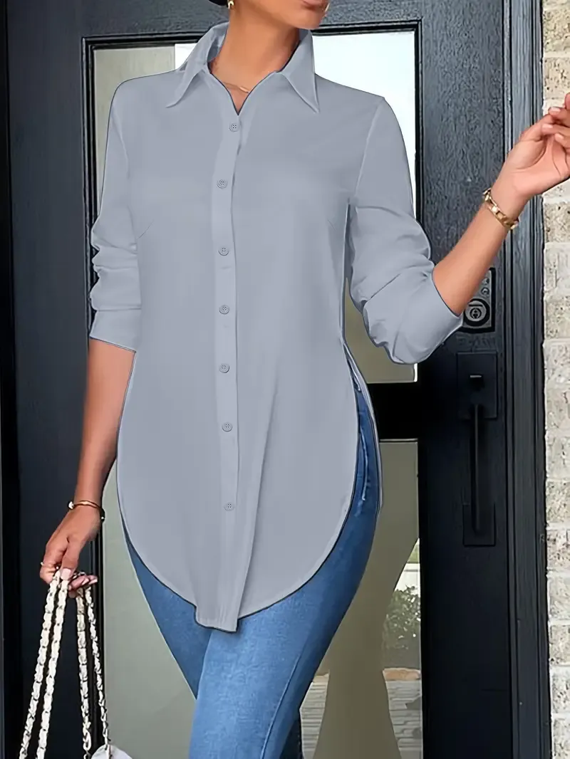 Women's Long Sleeve Shirt - Split Button Front, Casual Curved Hem