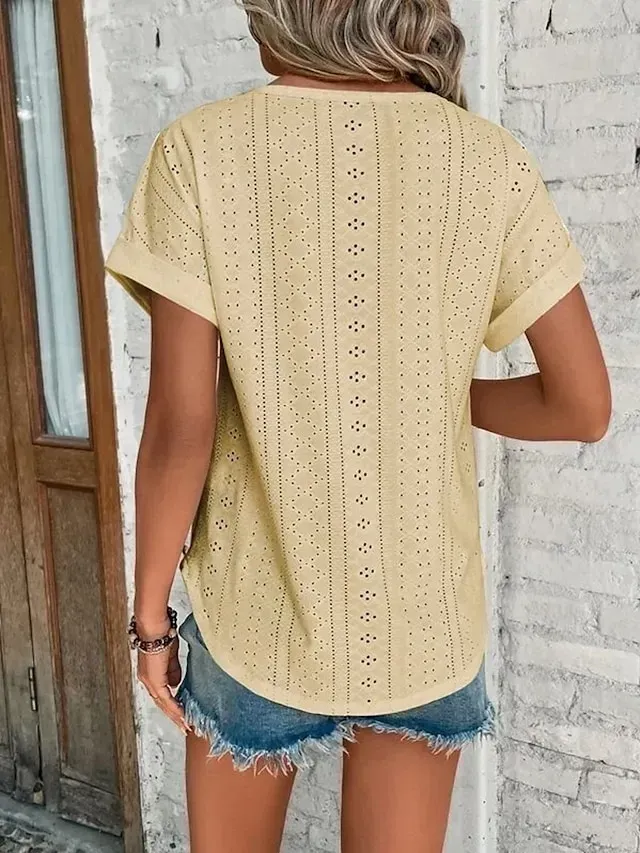 Women's T shirt Tee White Eyelet Tops Light Blue Black White Plain Cut Out Short Sleeve Daily Weekend Basic Round Neck Regular Cotton S