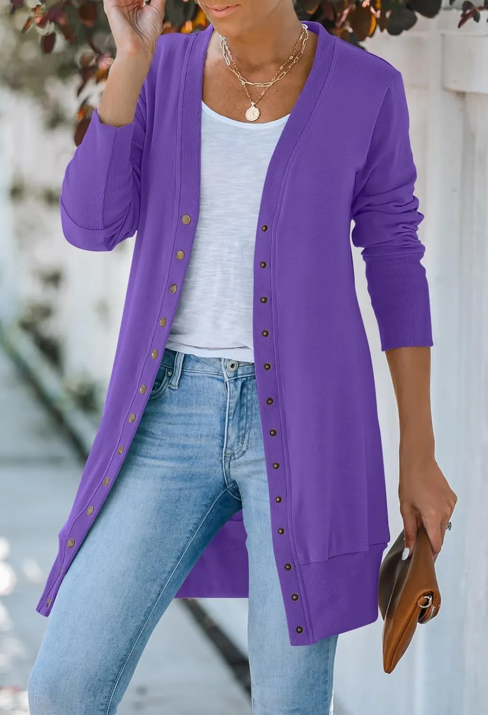 Women's 2024 Fall Long Sleeve Snap Button Down Solid Color Knit Ribbed Neckline Cardigans