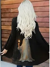 Halloween Women's Coat Lightweight Comfortable Pumpkin Print Vintage Artistic Casual Skull Casual Long Collarless Regular Fit Long Sleeve Outerwear Black White Pink Spring Fall