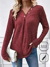Women's T Shirt Plain Fashion Modern Casual Long Sleeve V Neck Regular Tops Daily Weekend Buttons Red Green Fall Winter