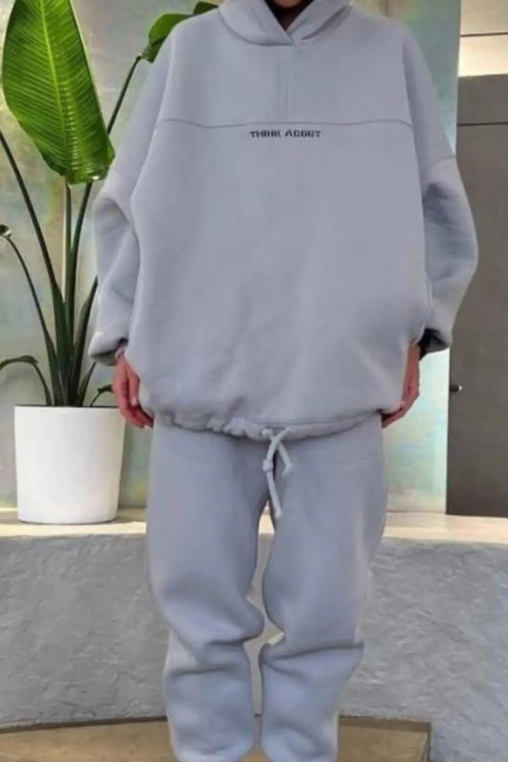 Letter Graphic Drawstring Hoodie Long Pants Suits
