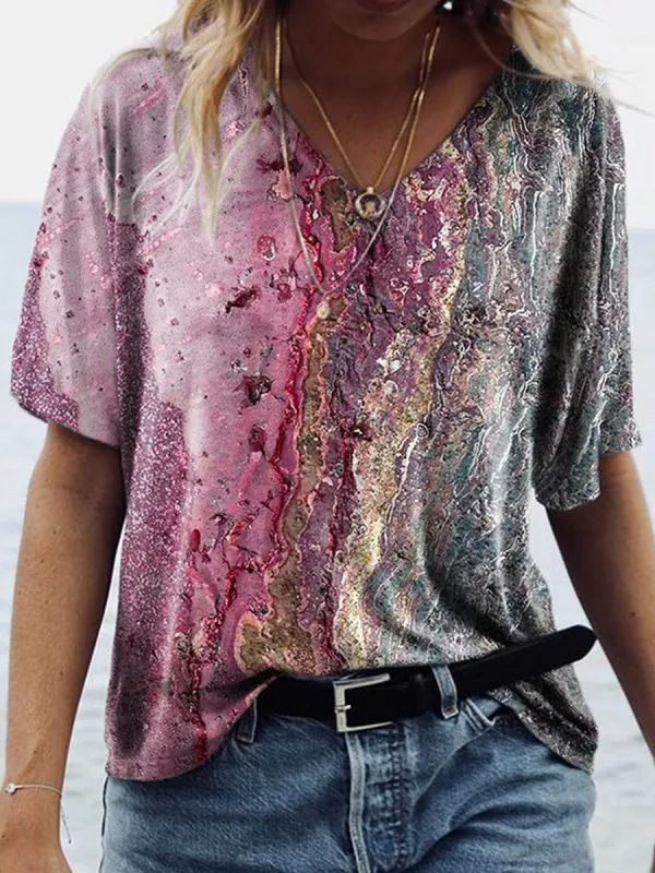 Golden Gray Marbled Ocean Wave Button Front Tunic Top