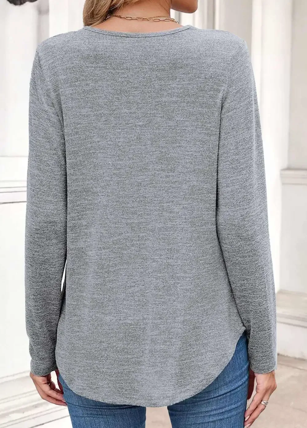 Grey Tummy Coverage Long Sleeve V Neck T Shirt