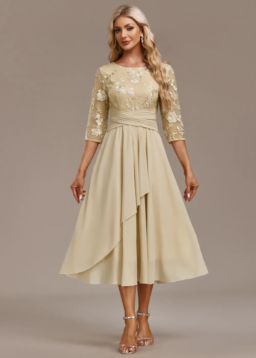 Champagne Embroidery 3/4 Sleeve Round Neck Dress