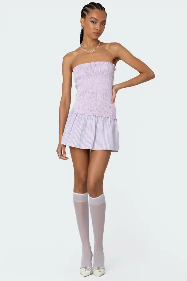 Striped Scrunch Strapless Mini Dress