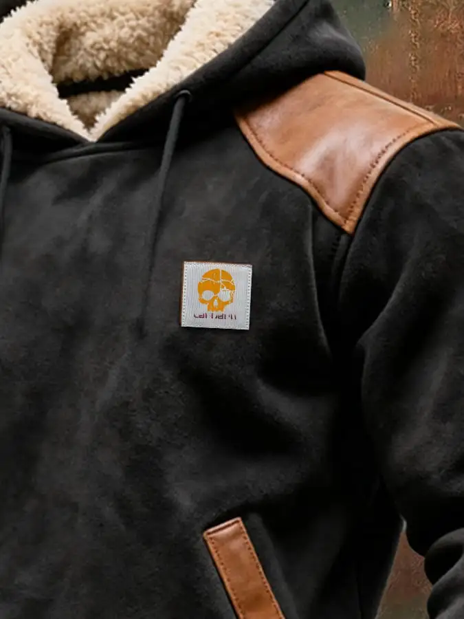 Men's Vintage Suede and Leather Paneled Hooded Sweatshirt