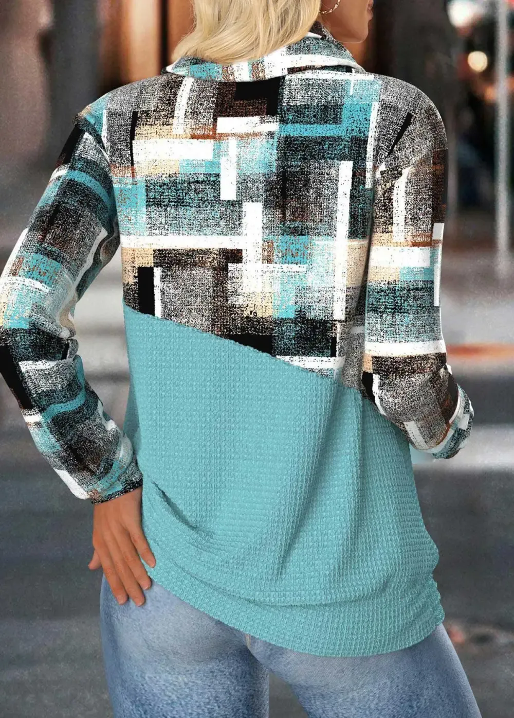 Mint Green Tummy Coverage Geometric Print Long Sleeve Sweatshirt