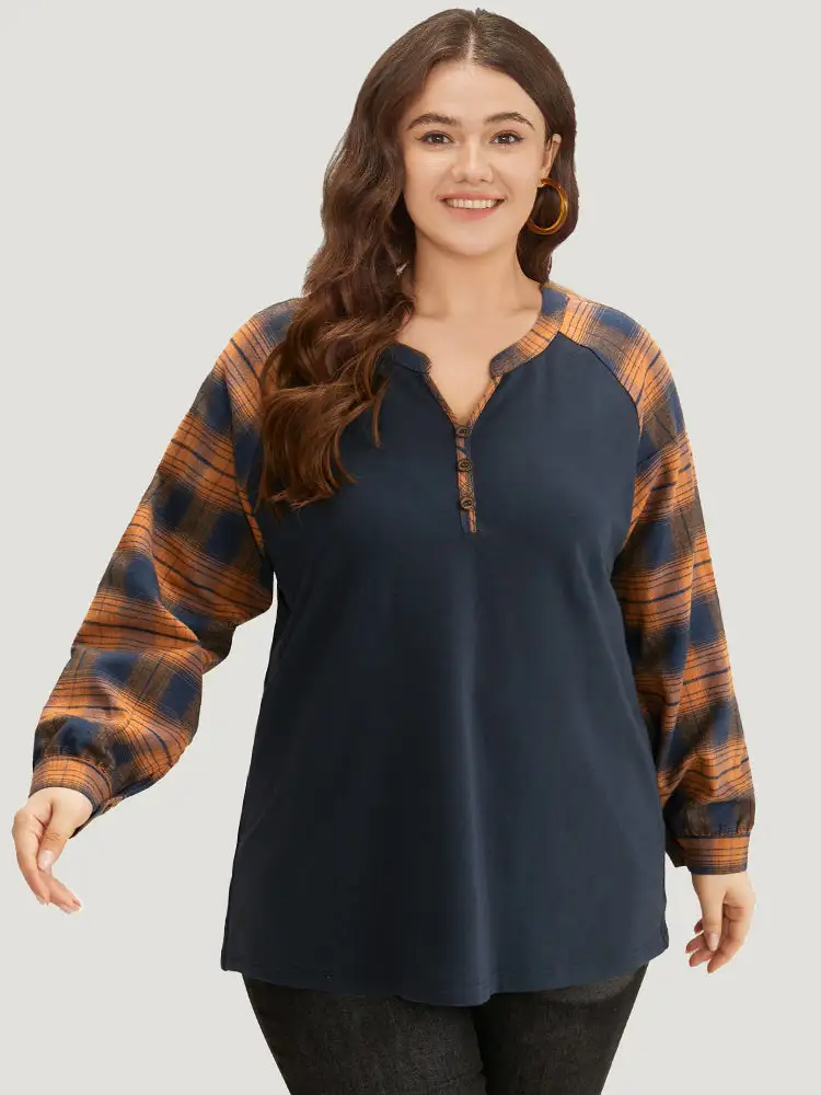 Plaid Patchwork Notched Button Detail Sweatshirt