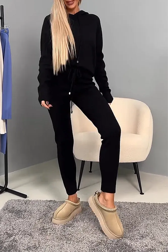 Women's solid color knitted top and pants two-piece set